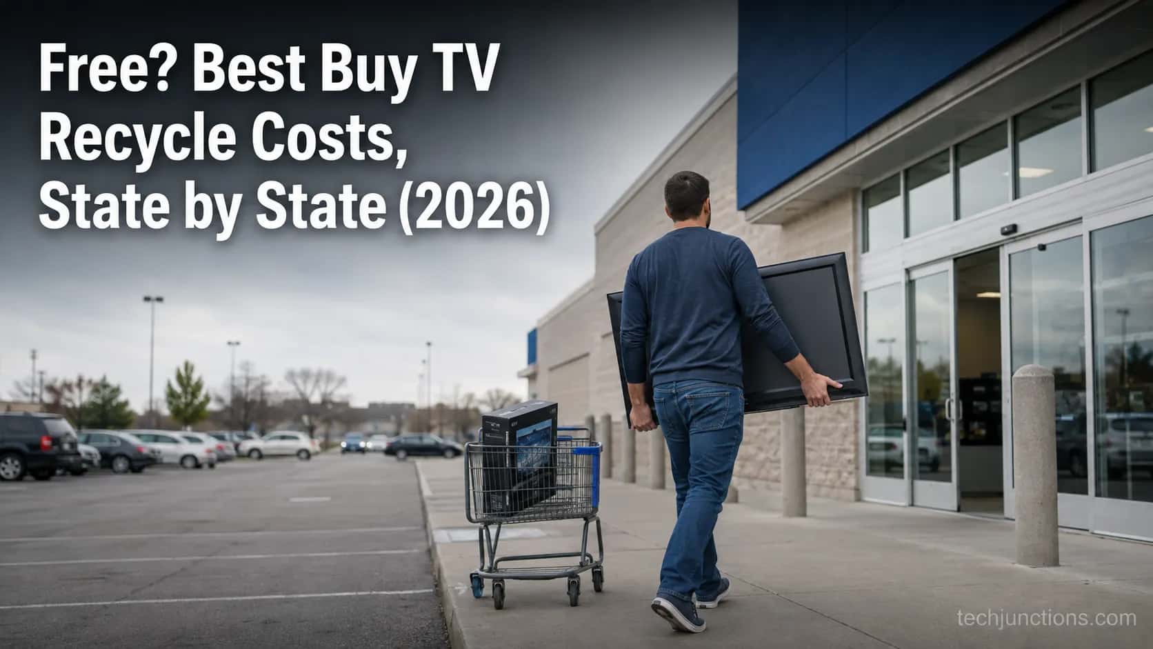 Person carrying a flat-screen TV into a Best Buy store to recycle it