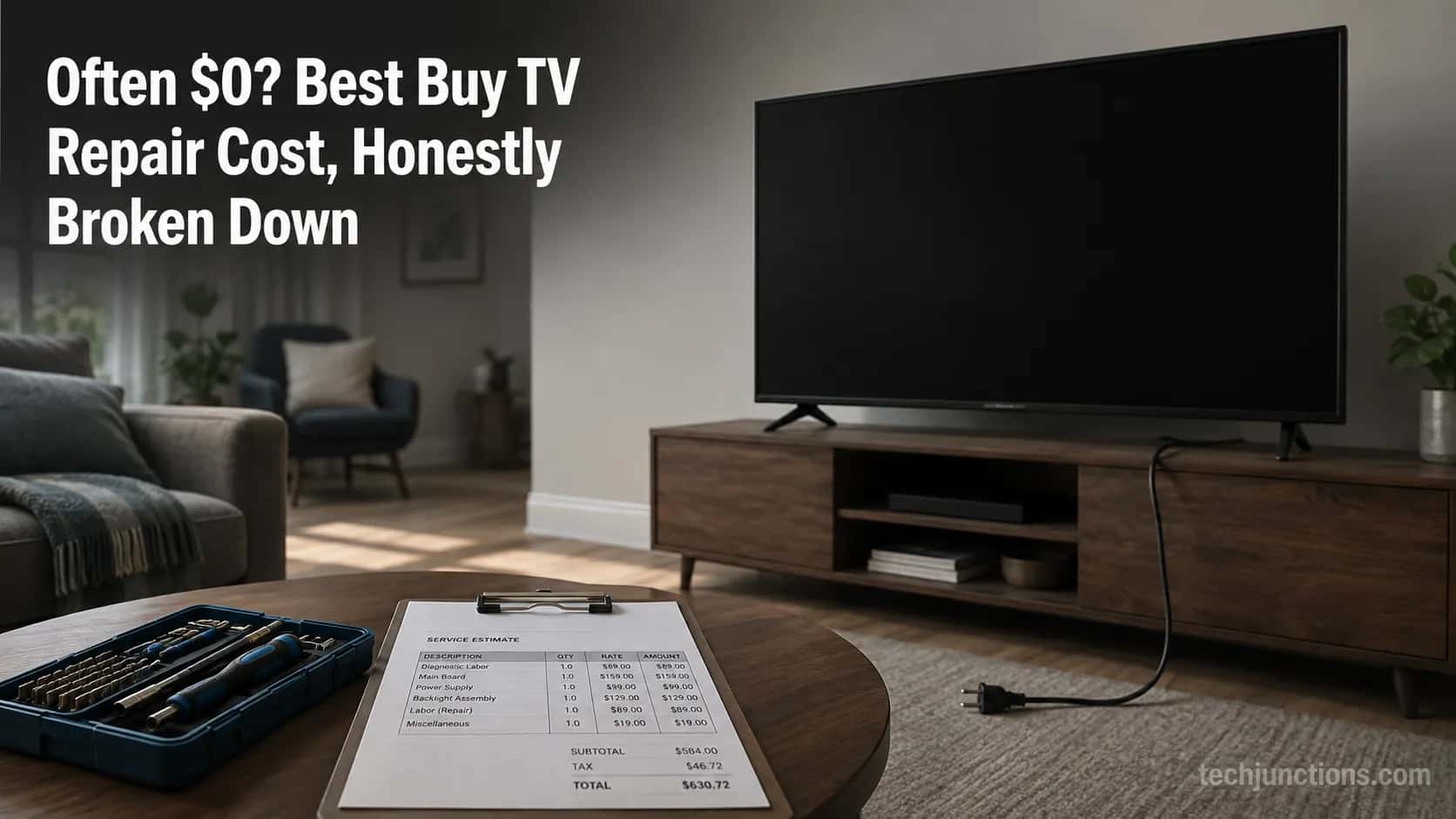 Unplugged living-room TV with a Geek Squad repair estimate and toolkit, illustrating Best Buy TV repair cost