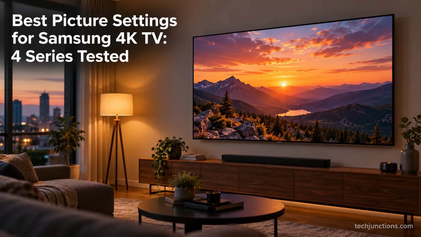 Samsung 4K TV in a living room showing a calibrated warm cinematic picture at dusk.