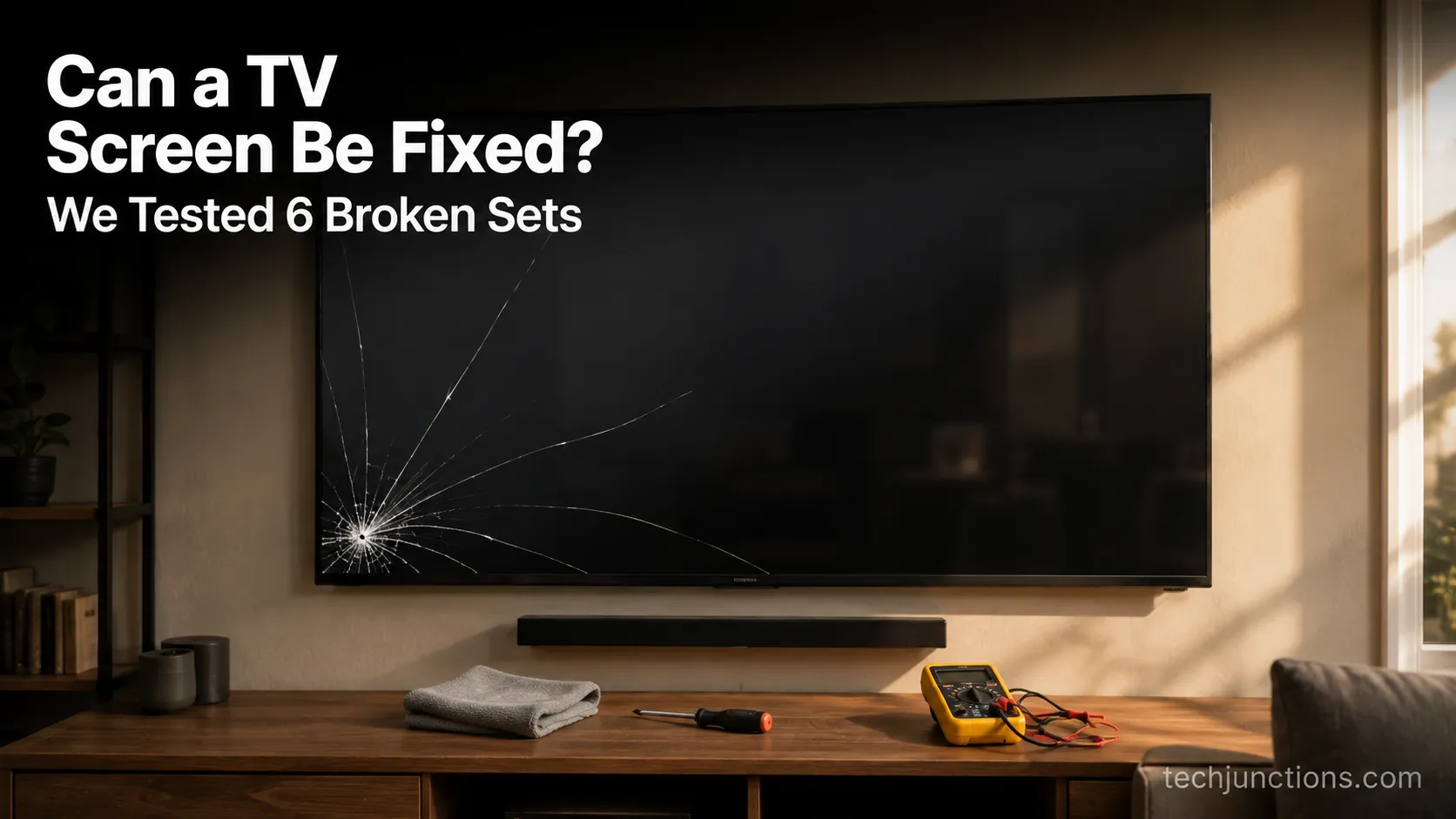 Wall-mounted TV with a spiderweb crack across the screen and repair tools on the console below.