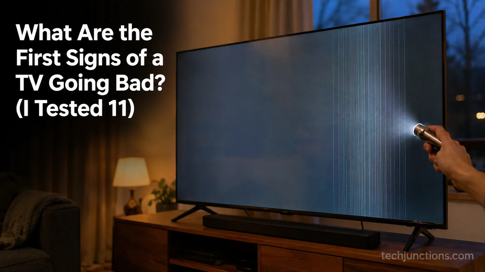 Hand holding a flashlight to a dimly lit TV screen showing faint vertical lines