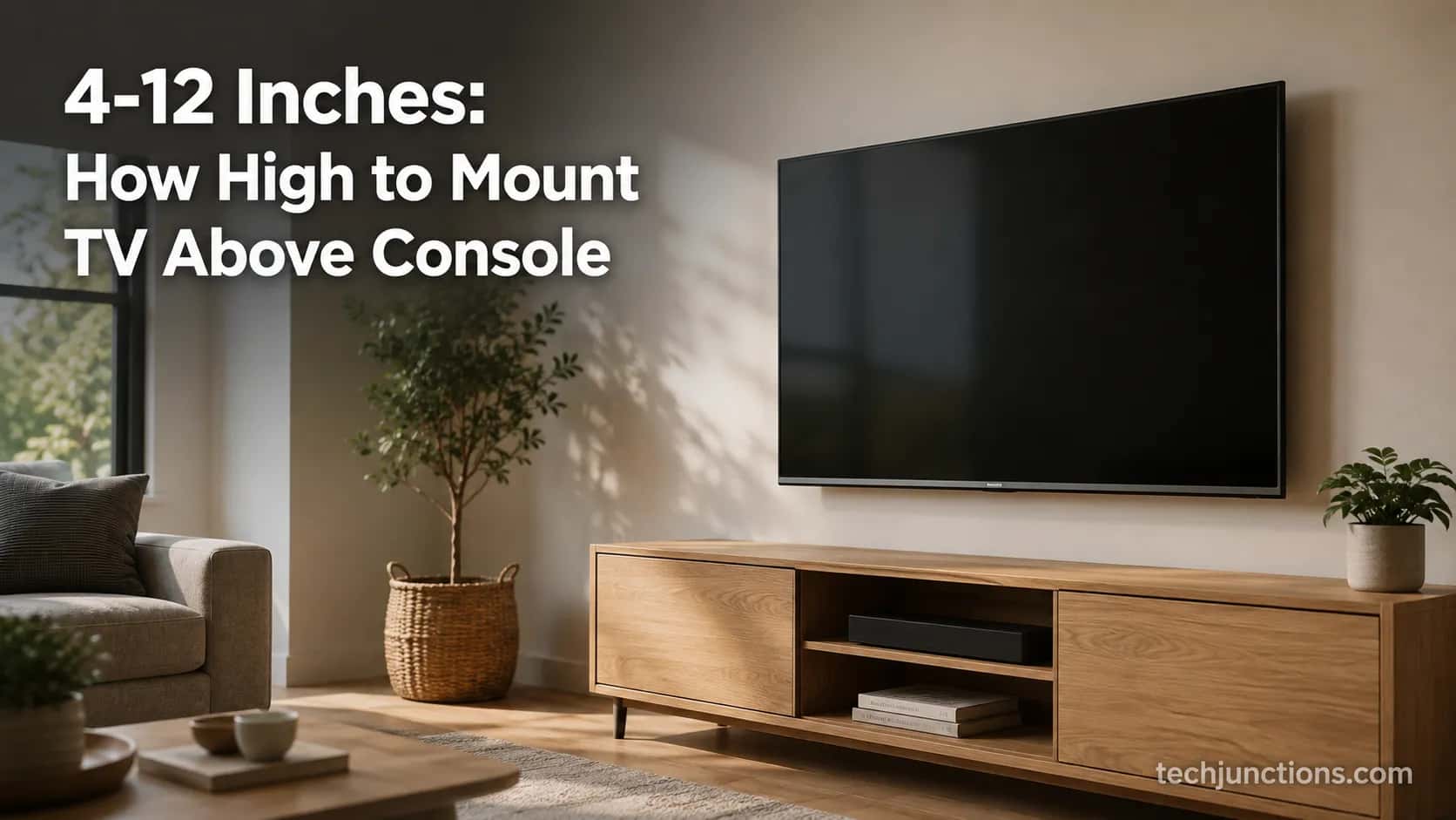 TV wall-mounted above a console showing the correct gap above the furniture
