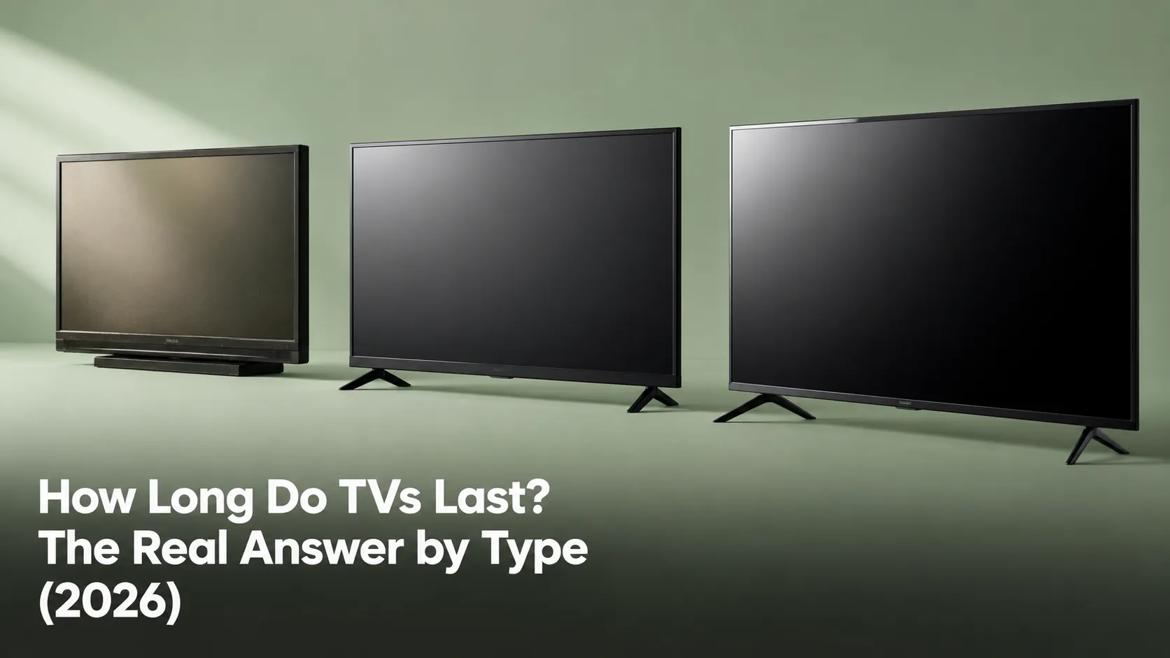 Three flat-screen TVs of different ages on a pale-green studio surface, showing how TV lifespan varies by panel type, with the oldest display slightly dimmer than the newest.
