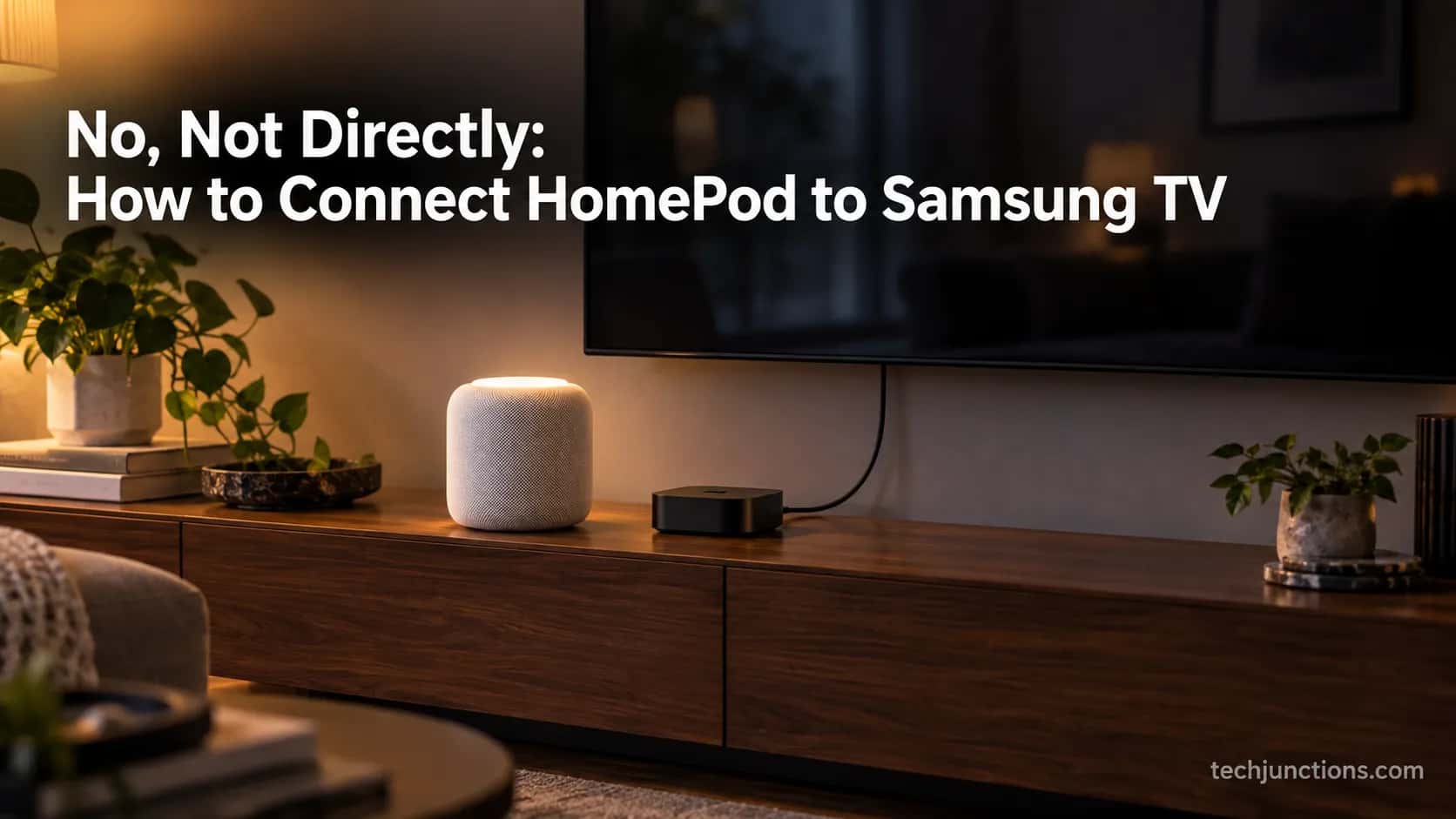 A HomePod, a small streaming box and a wall-mounted Samsung TV set up together in a living room home-theater