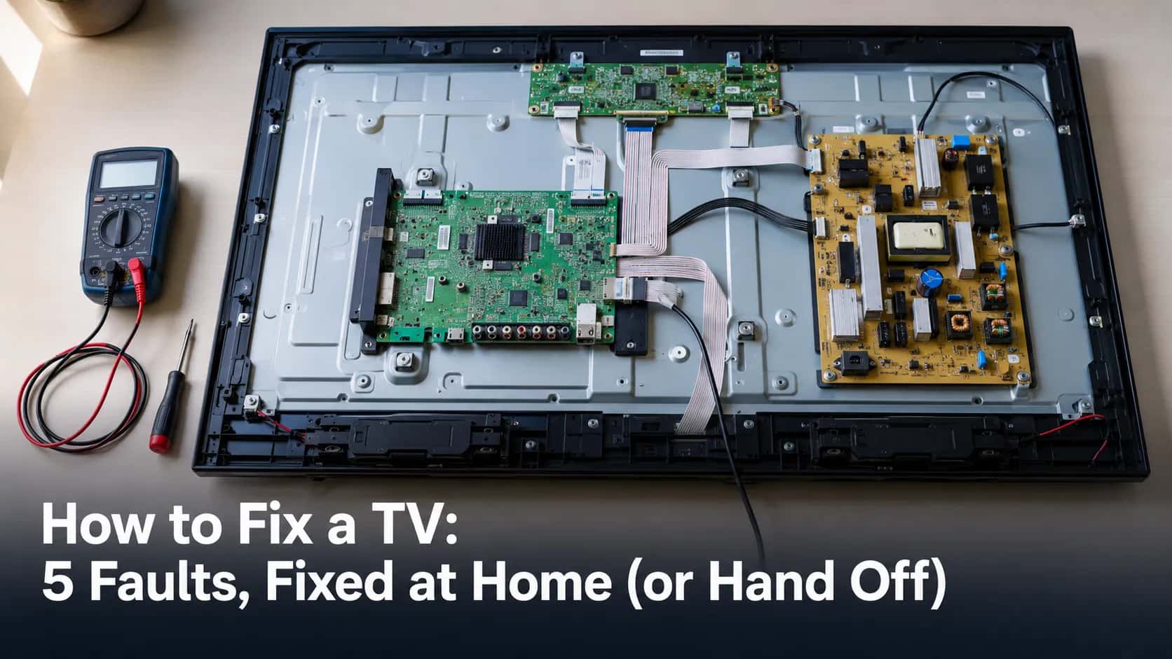 Open flat-screen TV with back panel removed showing power, main, and T-CON boards, plus a multimeter and screwdriver, illustrating common TV repair faults and diagnostics.