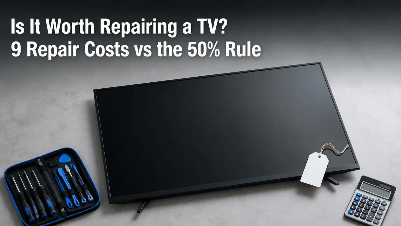 Modern flat-screen TV on a light gray workbench with a repair toolkit, calculator, and price tag illustrating TV repair costs versus replacement using the 50% rule.
