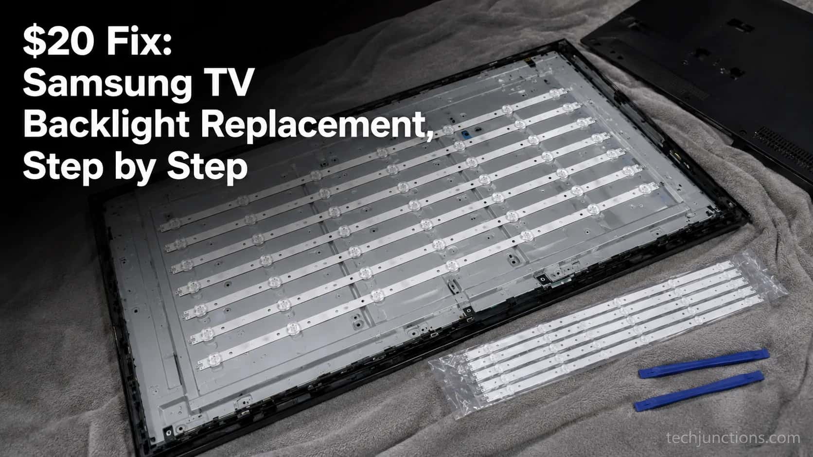 Samsung TV backlight replacement with LED strips exposed on a workbench