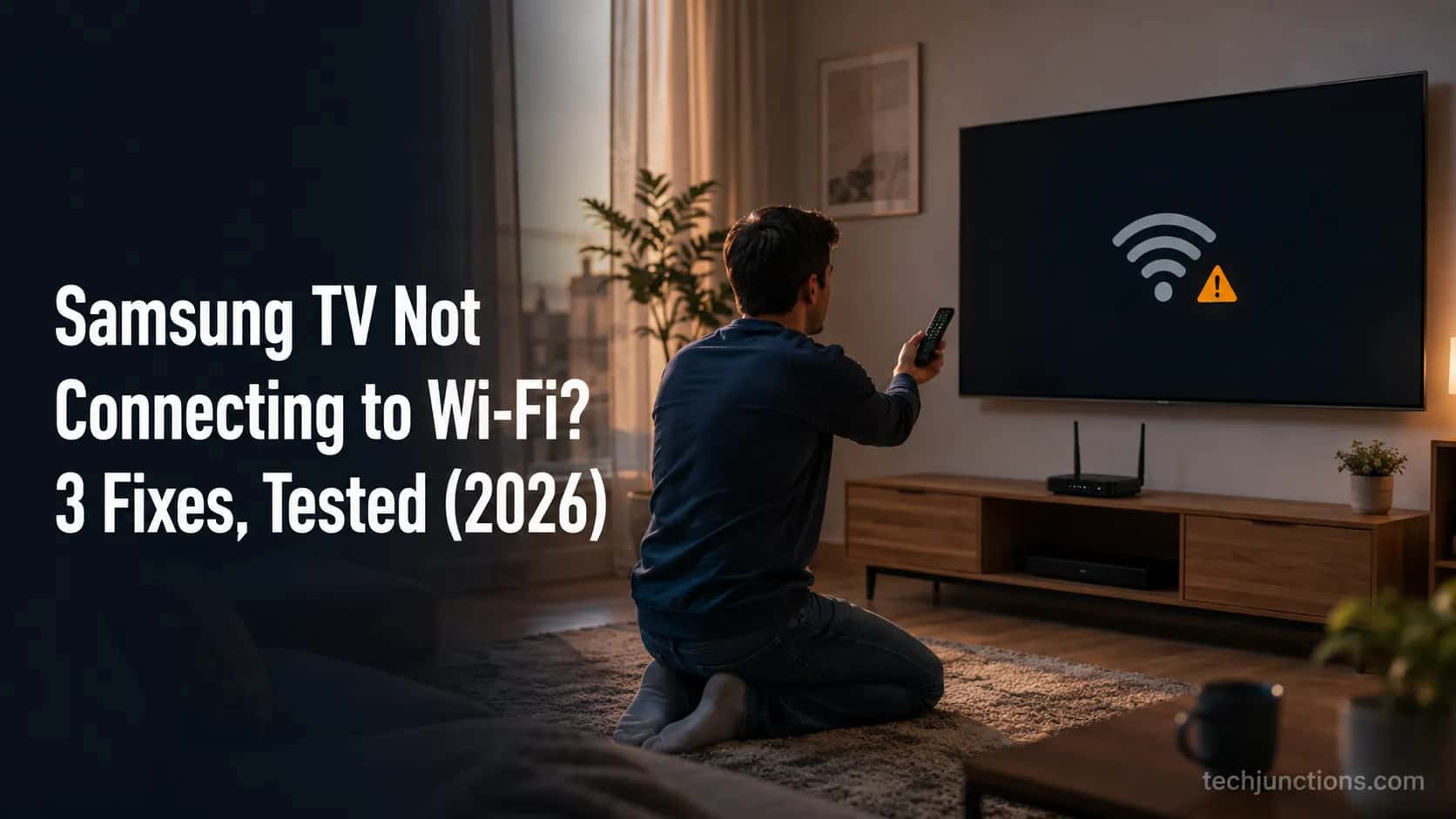 Person troubleshooting a Samsung TV not connecting to Wi-Fi in a living room at night.