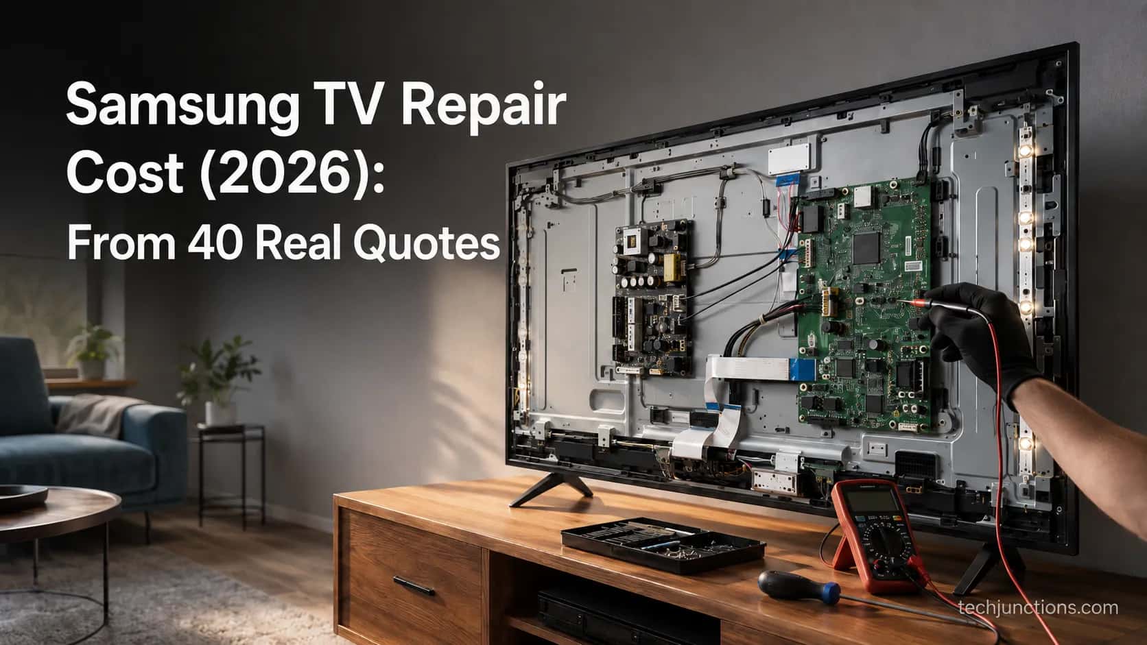 Samsung TV opened for repair on a living-room stand with a multimeter and technician tools.