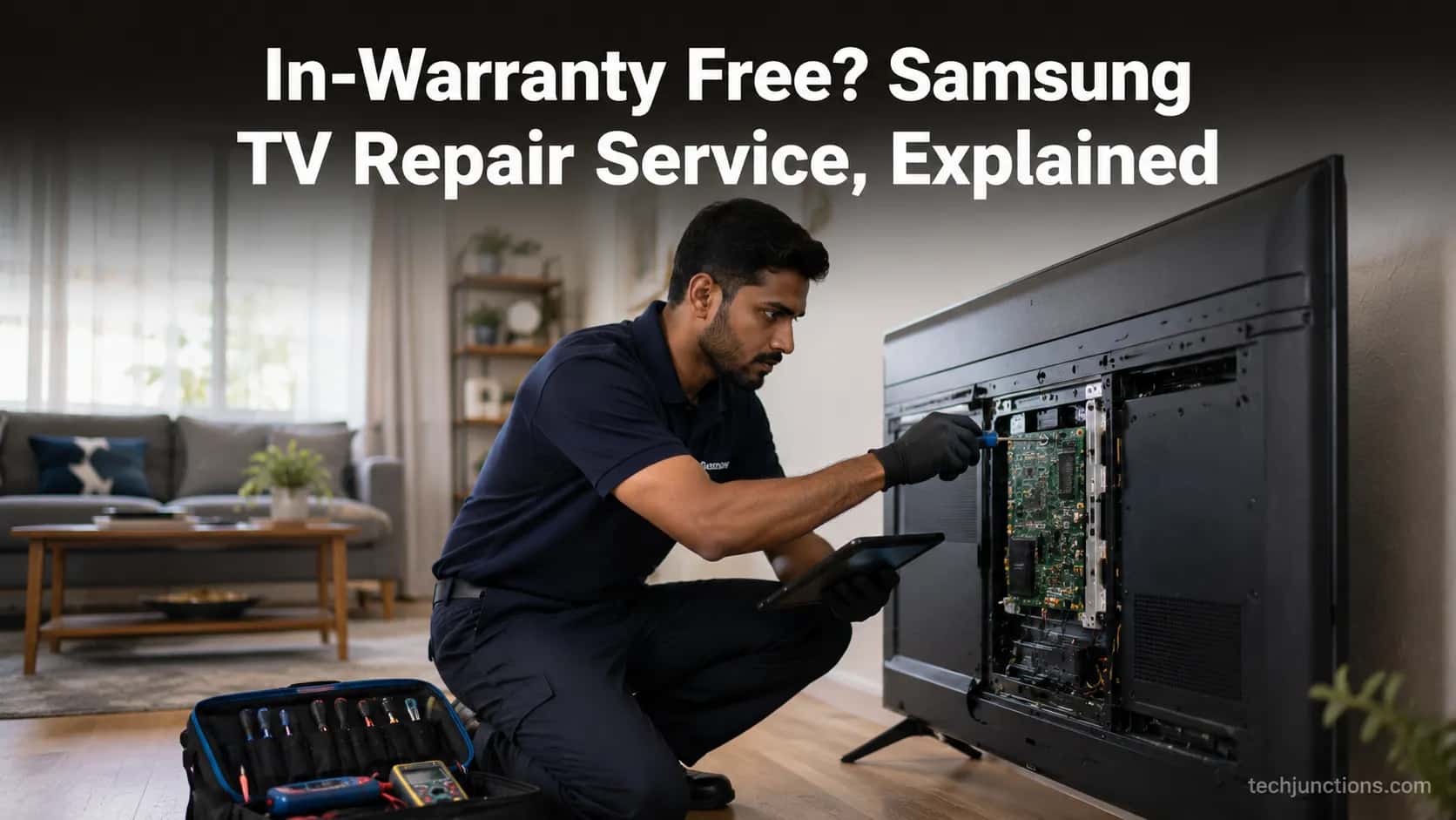 Samsung certified technician repairing a 65 inch Samsung TV in a home living room.