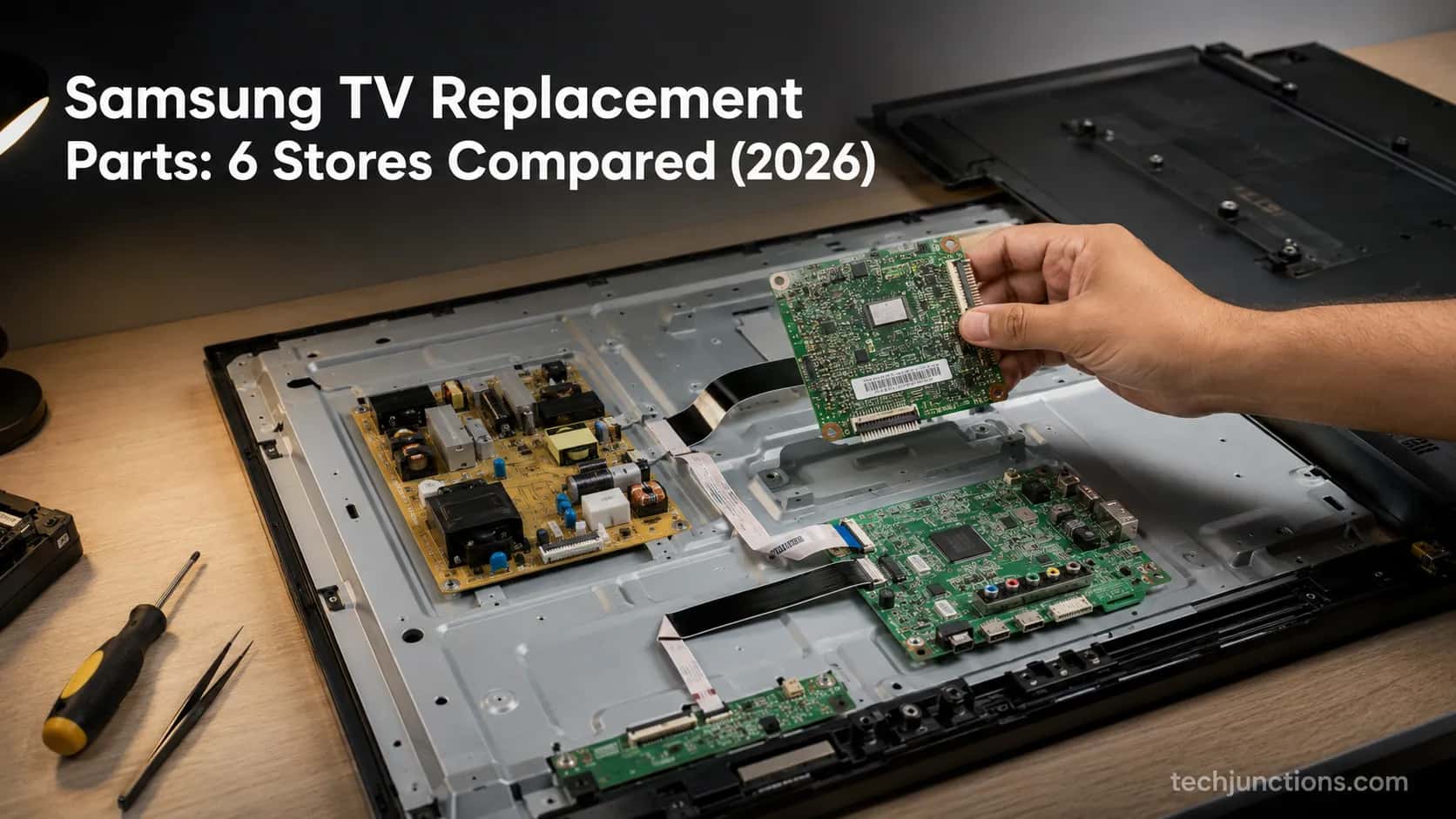 Open Samsung TV on a bench with a replacement board being fitted