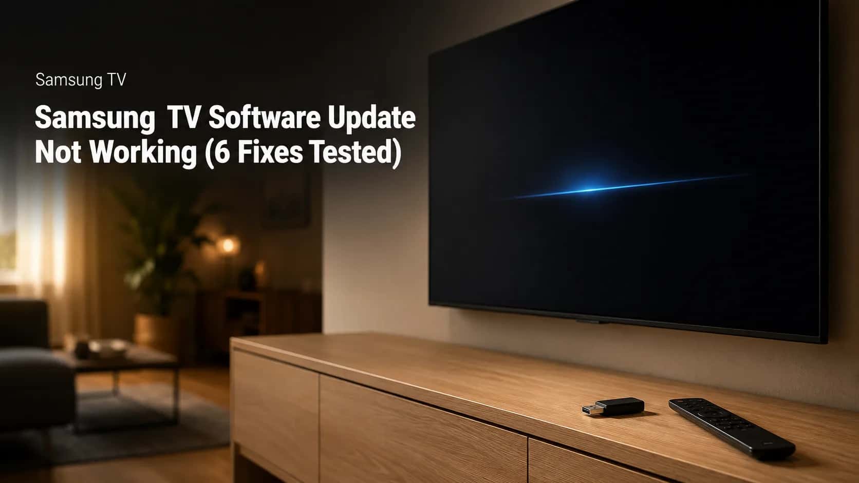 Samsung TV showing a software update screen with a USB flash drive and remote on a wooden console, illustrating fixes for update issues when online updates fail.