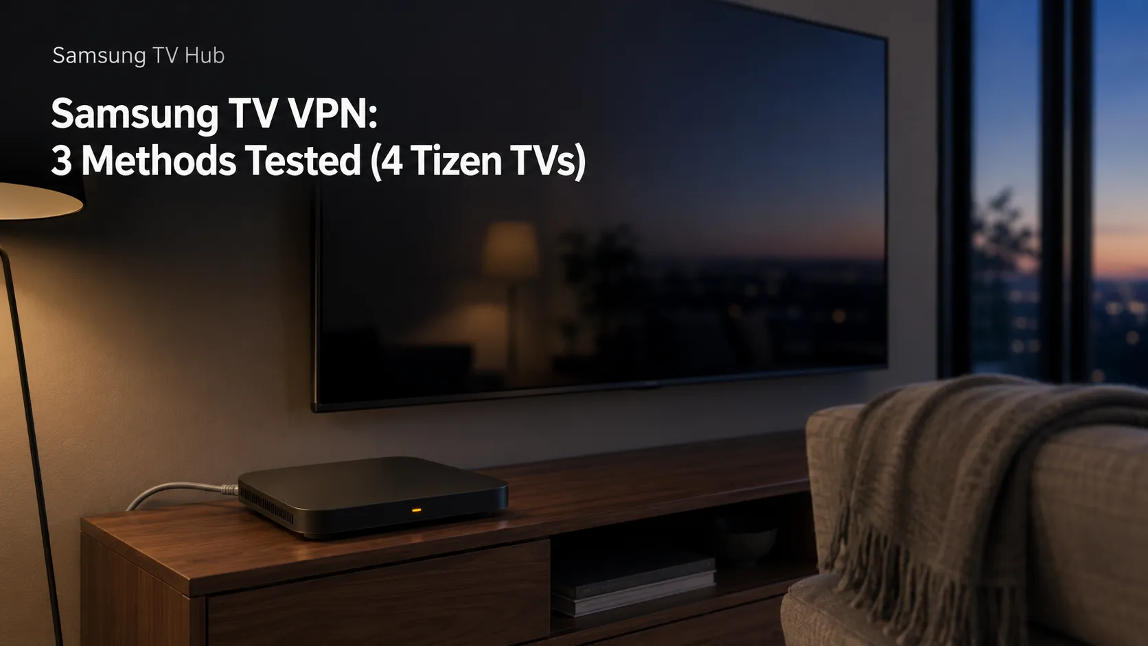 Slim matte-black Wi-Fi router on a walnut console beneath a wall-mounted Samsung TV at dusk, illustrating router-based VPN setup methods for Tizen smart TVs.