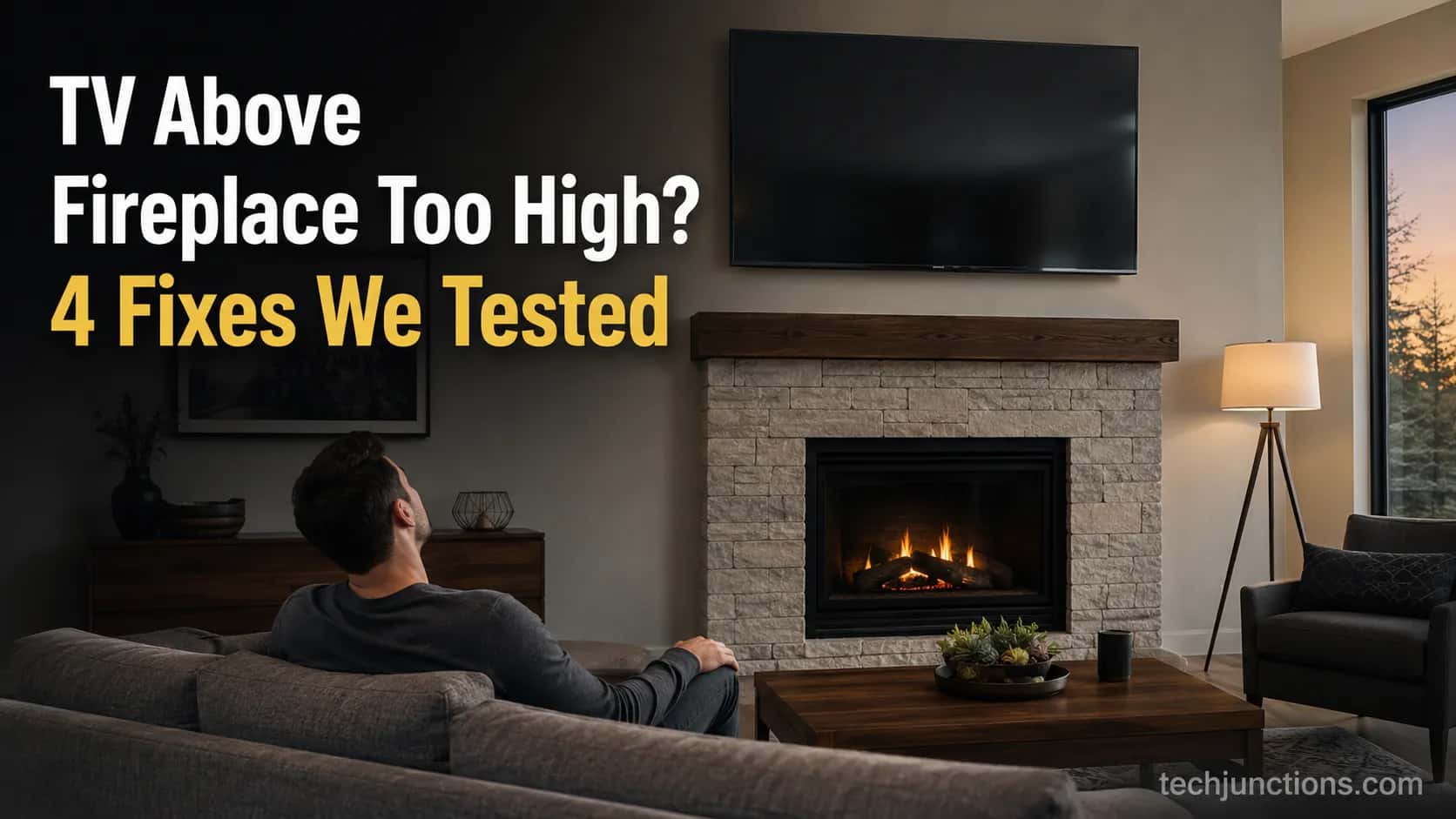 TV mounted too high above a fireplace with a seated viewer craning their neck upward.