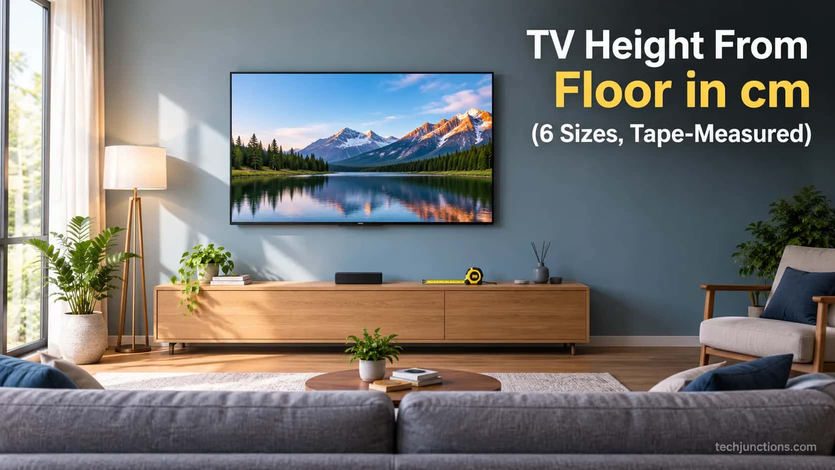 Wall-mounted TV at seated eye level above a console with a tape measure, illustrating TV height from floor in cm.