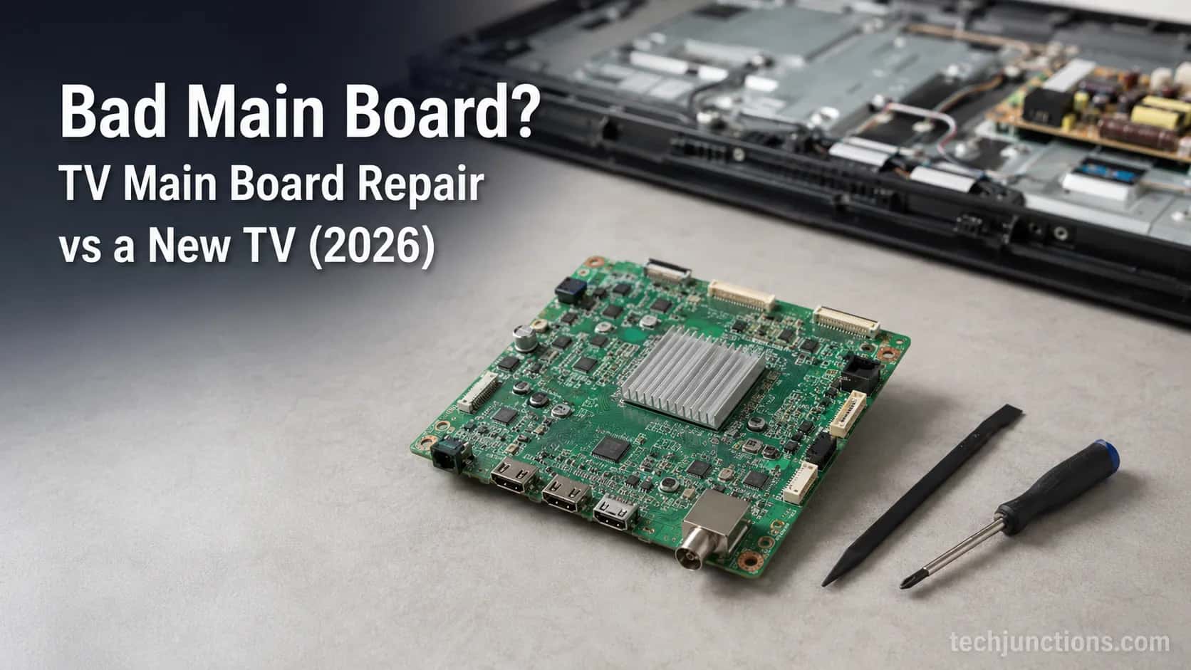 TV main board on a repair workbench with tools.