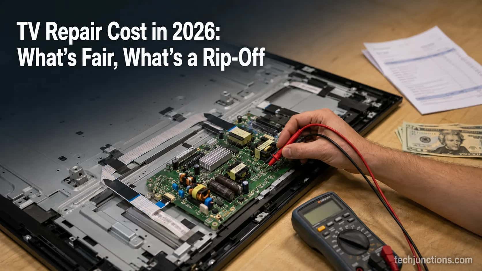 Open flat-screen TV on a workbench beside a repair invoice and multimeter, 2026 repair-cost guide cover.