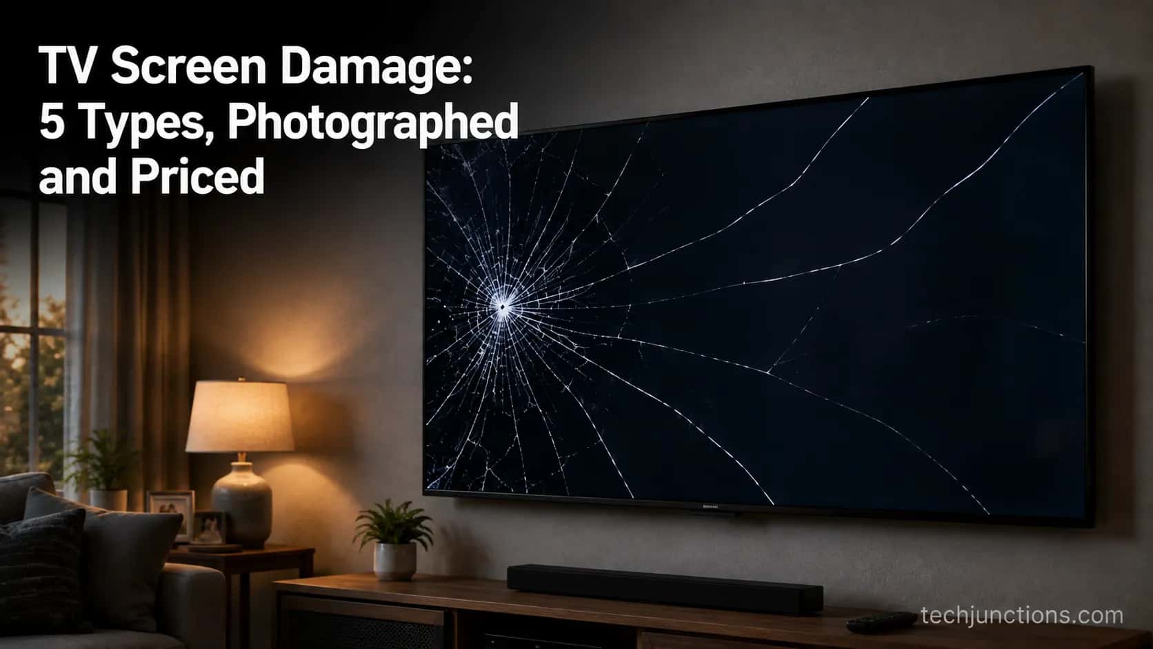 TV screen damage cover showing a spider-web cracked flat-screen television on a living-room wall.