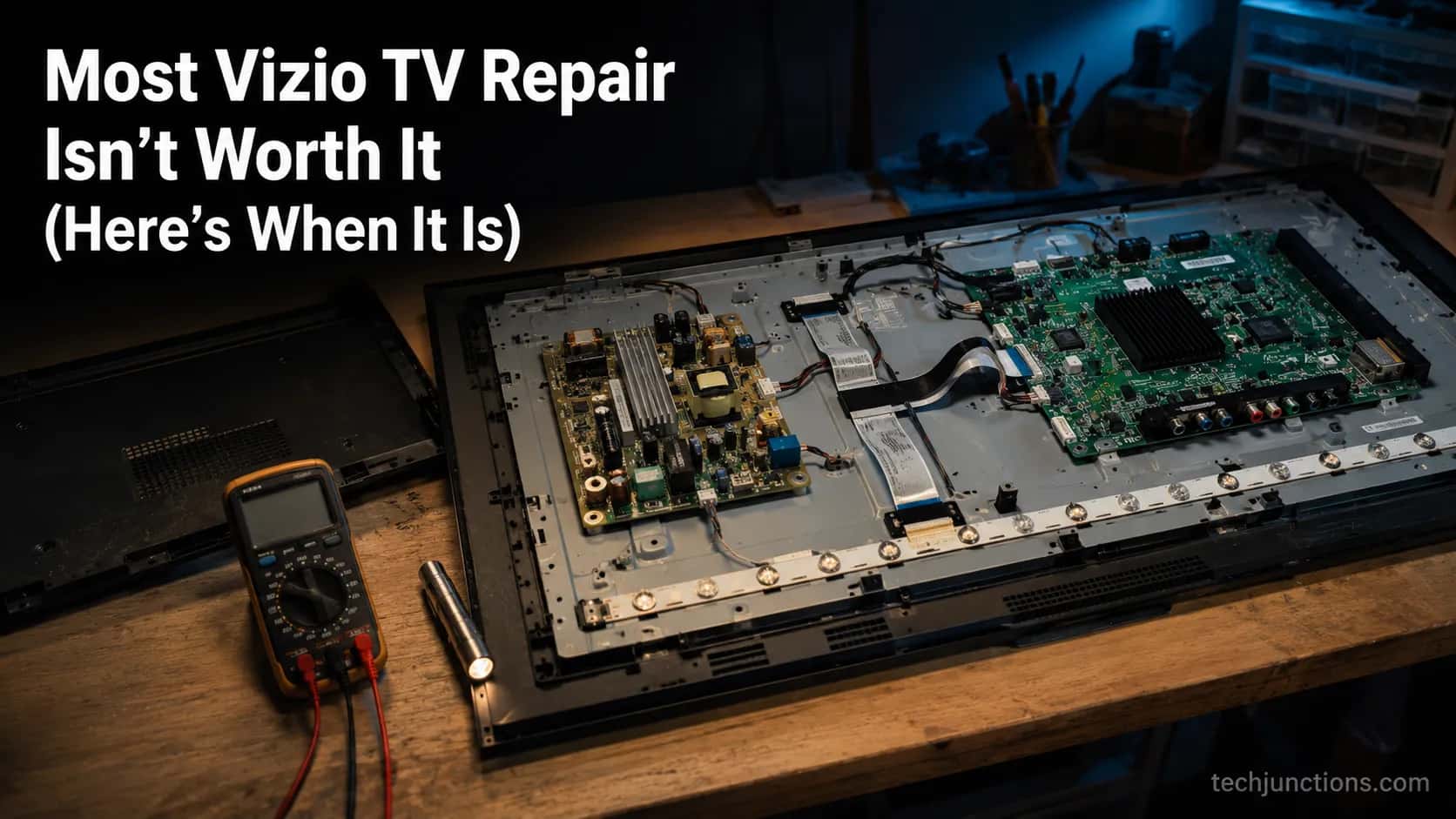 Vizio TV opened on a workbench for repair with a multimeter and flashlight