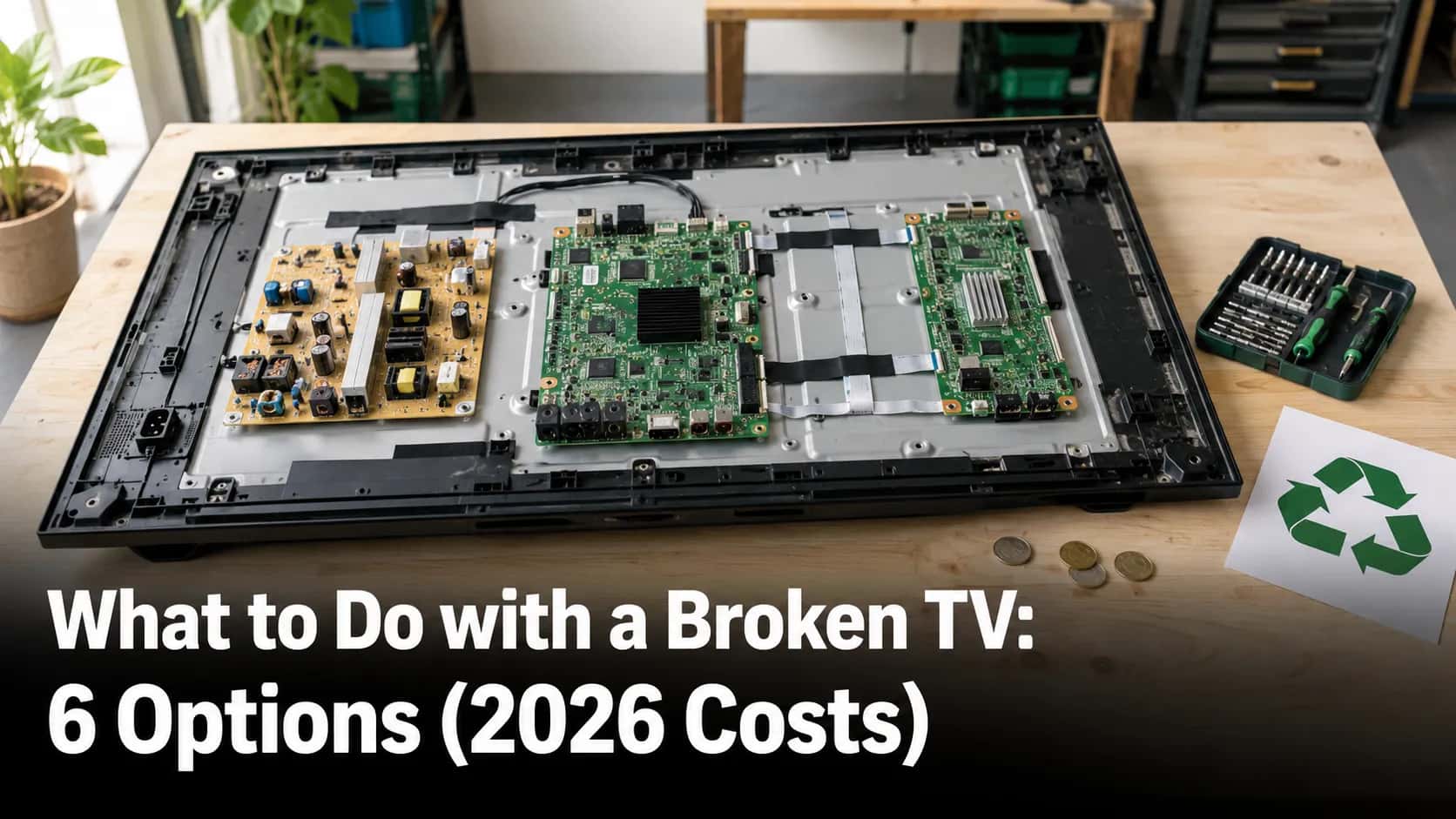 Broken flat-screen TV with the back cover removed on a workbench, exposing circuit boards beside a recycling symbol, screwdriver set, and coins