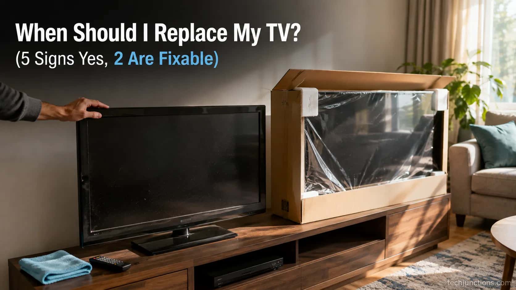 Old TV beside a new one in a box, illustrating when to replace a TV.