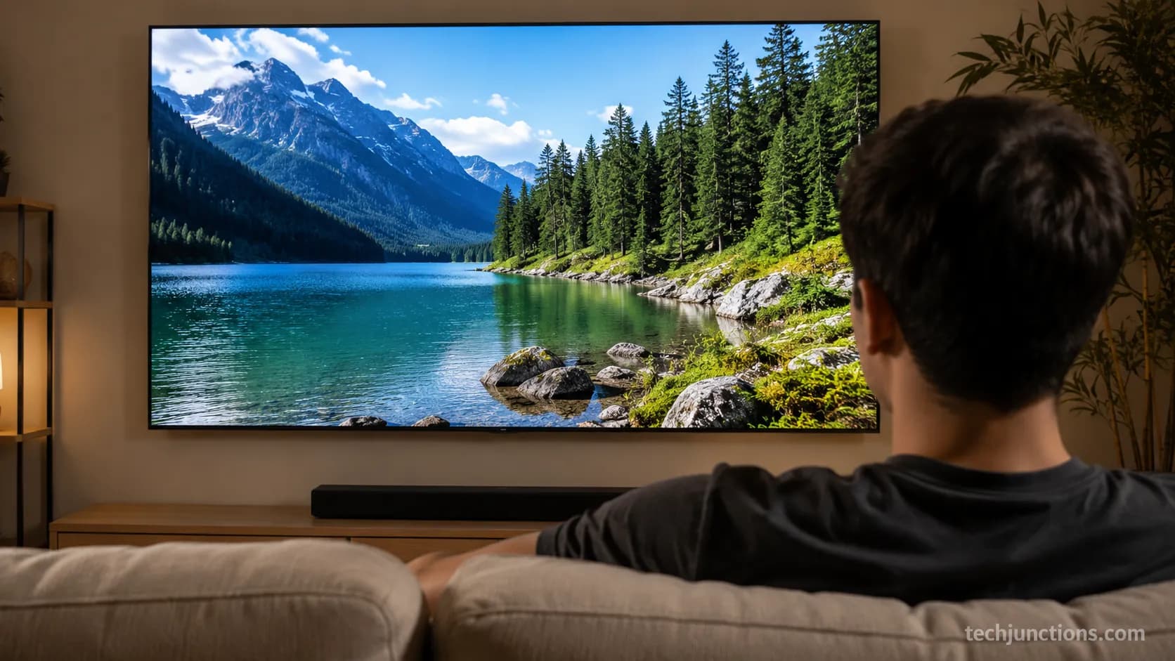 Viewer seated close to a 65 inch 4K TV showing sharp detail with no visible pixels.