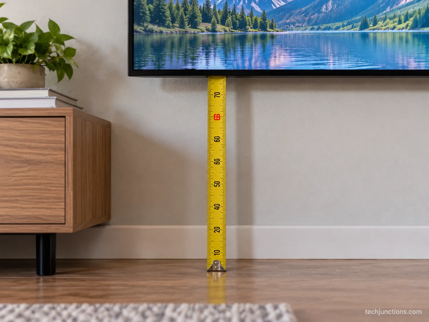 Tape measure showing 66 cm from floor to the bottom edge of a 65 inch TV.