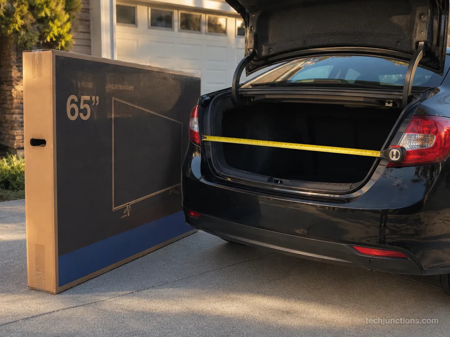 A 65-inch TV too large for a sedan trunk, showing when Best Buy haul-away is worth it