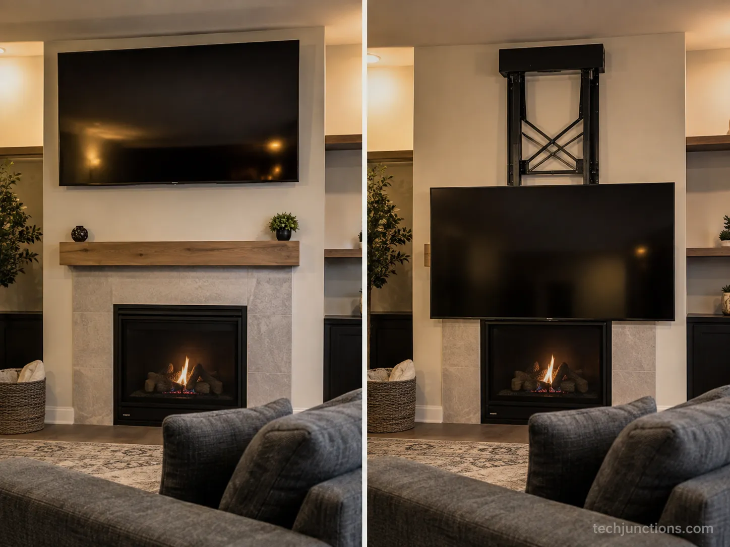 75-inch TV on a pull-down mount above a fireplace at rest and lowered