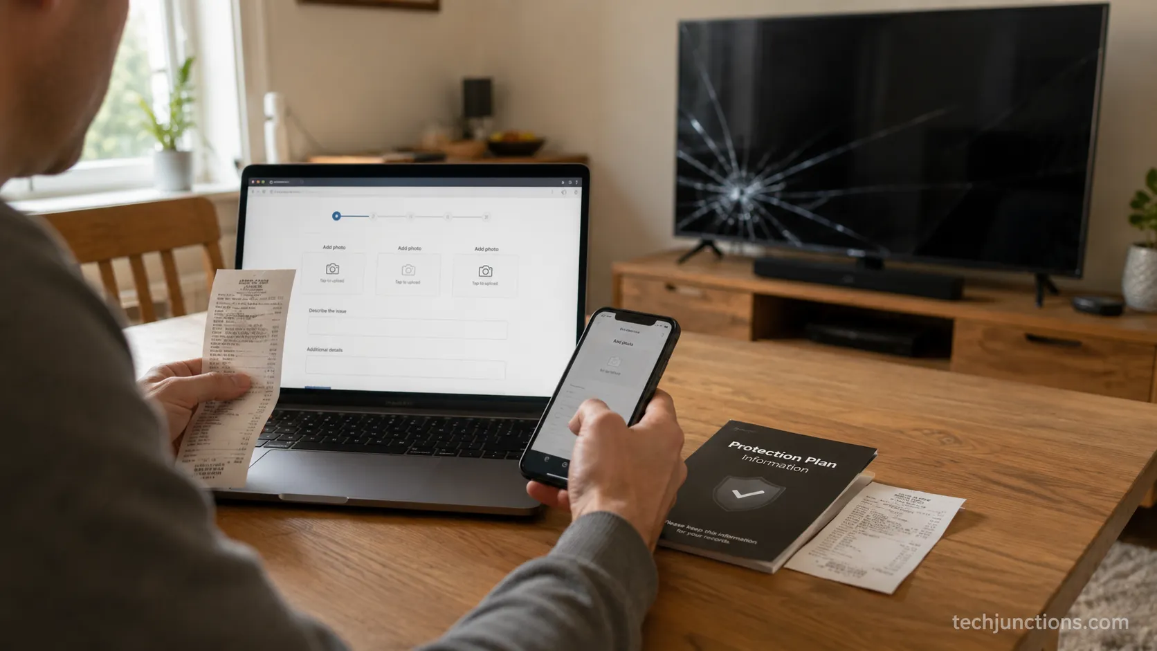 A person filing an accidental-damage plan claim for a cracked TV at a kitchen table.