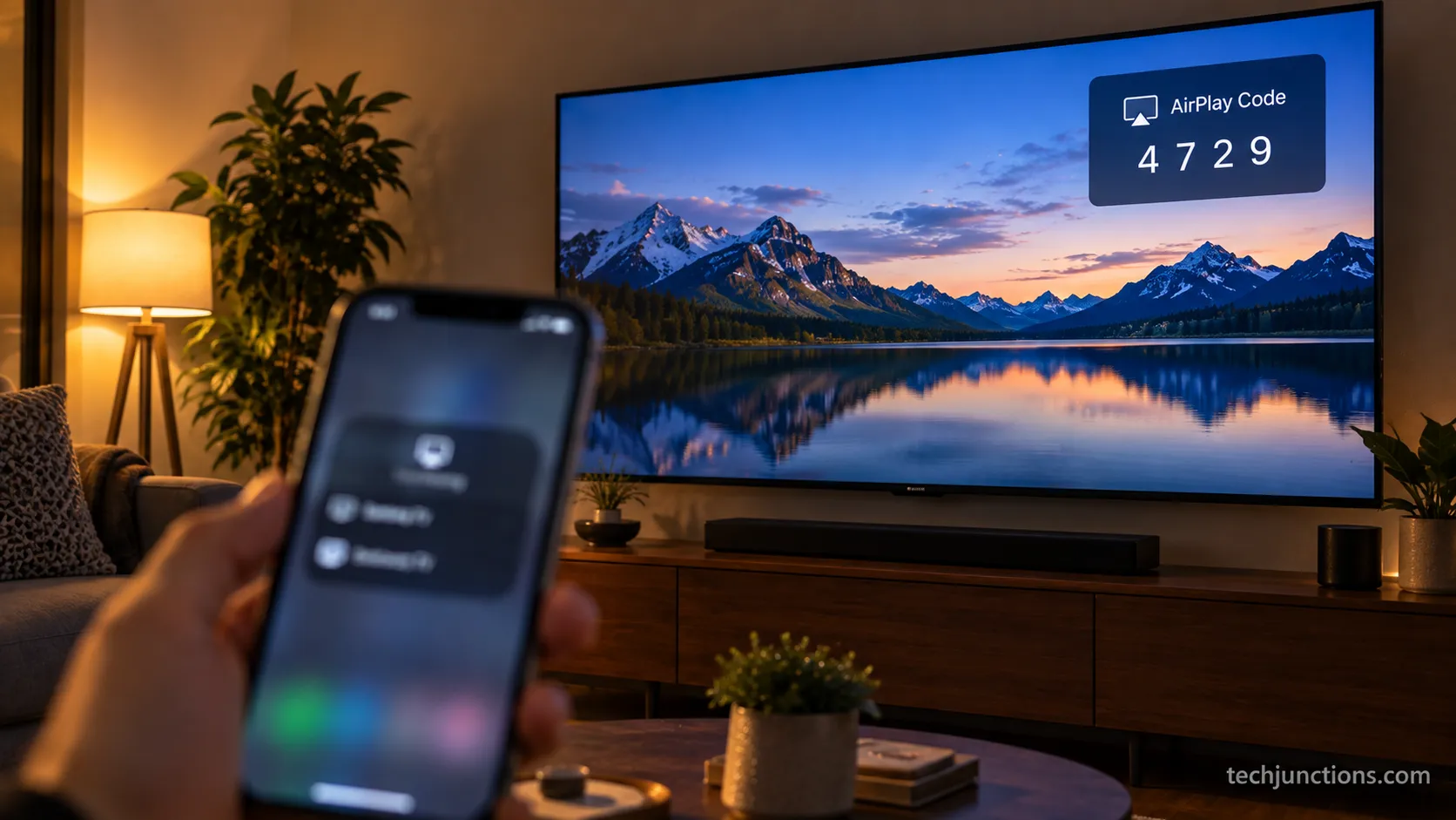 Four-digit AirPlay pairing code shown on a Samsung TV screen