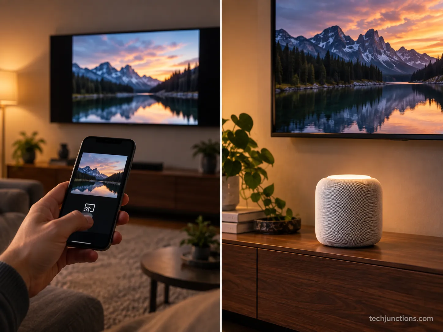 One side shows AirPlay content going to a TV, the other shows a HomePod meant to receive TV audio.