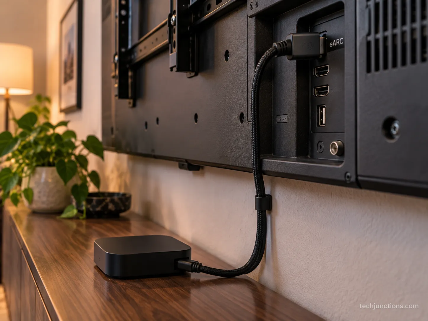An Apple TV connected to the HDMI eARC port on the back of a Samsung TV.