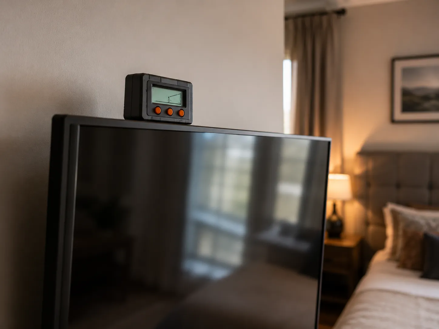 Digital angle gauge on a wall-mounted bedroom TV measuring a downward tilt angle.