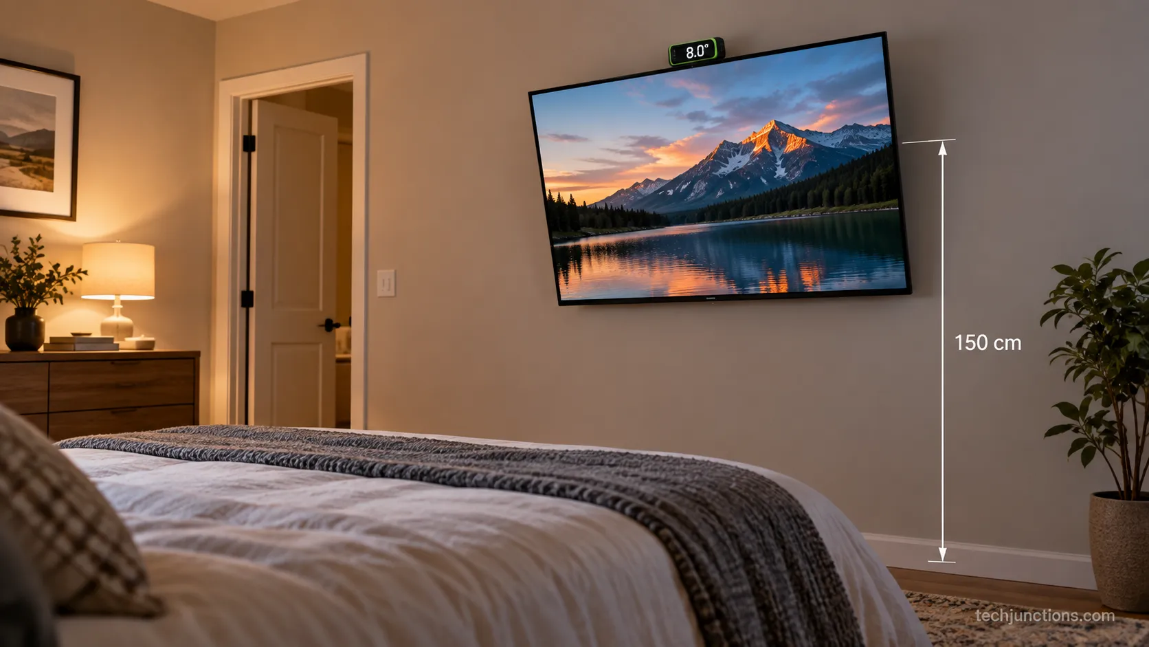 Bedroom TV at 150 cm center with an 8 degree downward tilt shown on a level.