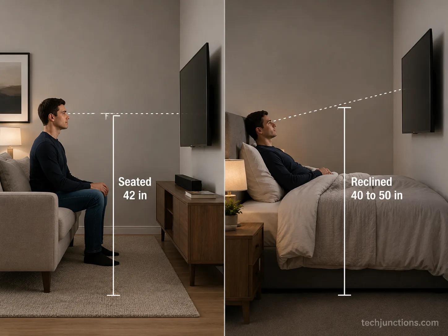 Diagram comparing an upright living-room eye line with a higher reclined bedroom eye line and TV center.