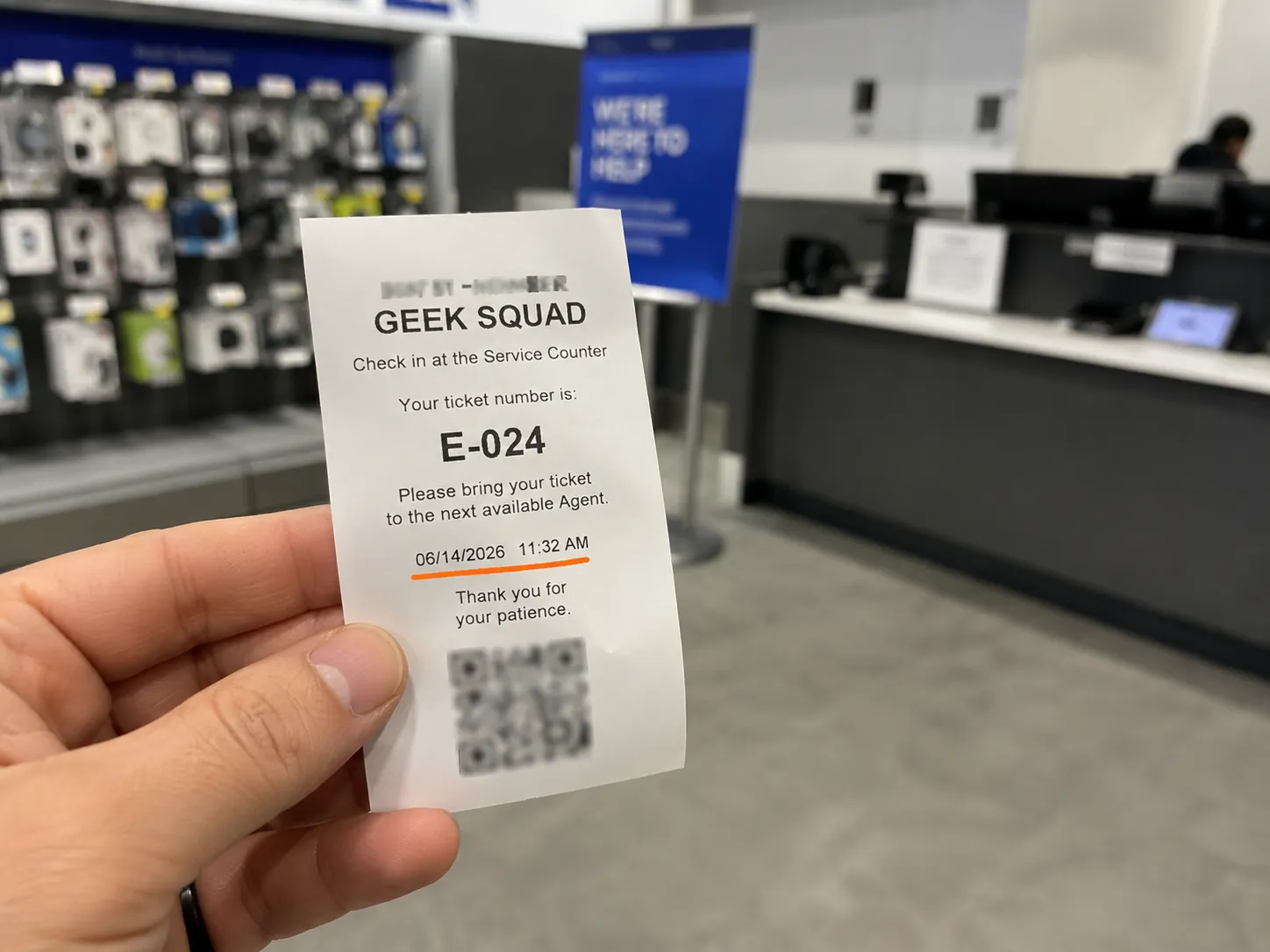 Timestamped Best Buy Geek Squad service-counter drop-off queue ticket
