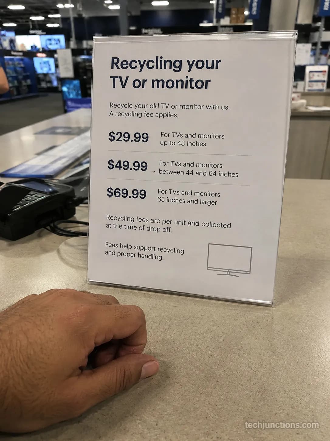 Best Buy in-store TV recycling fee sign photographed August 2026