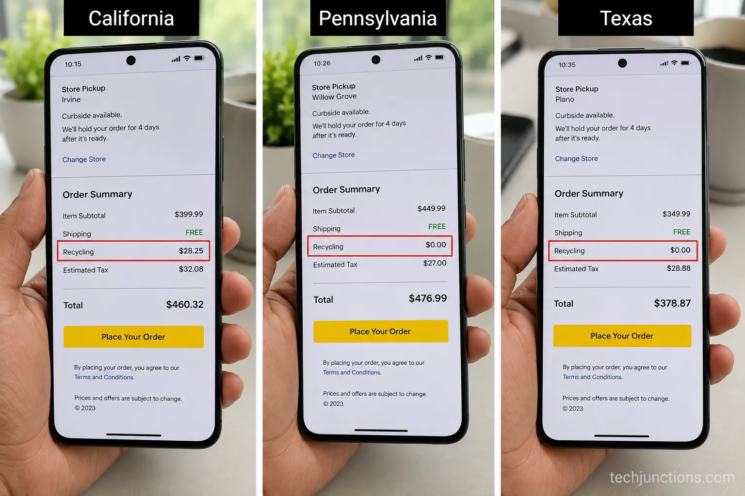 Best Buy recycling fee shown as zero dollars at checkout for a California store