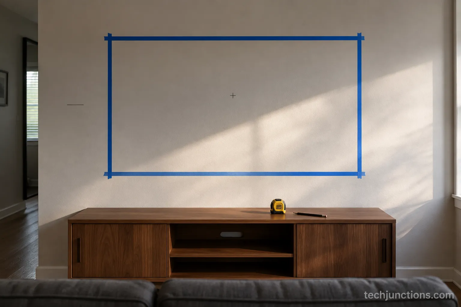 blue tape TV outline above a console to mark mount height