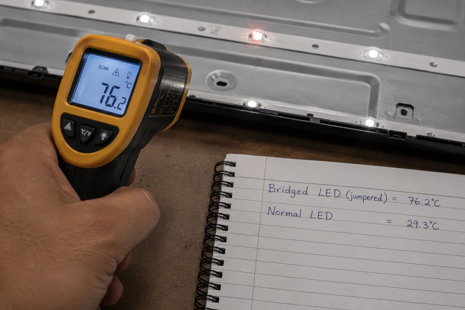 Infrared thermometer reading the higher temperature of a bridged backlight LED.