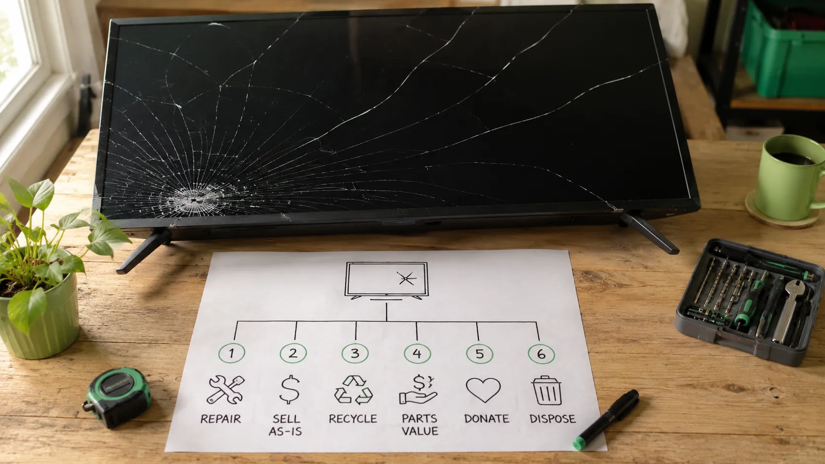 Overhead view of a cracked 55-inch flat-screen TV on a wooden workbench beside a hand-drawn decision tree illustrating six options: repair, sell as-is, recycle, salvage for parts, donate, or dispose