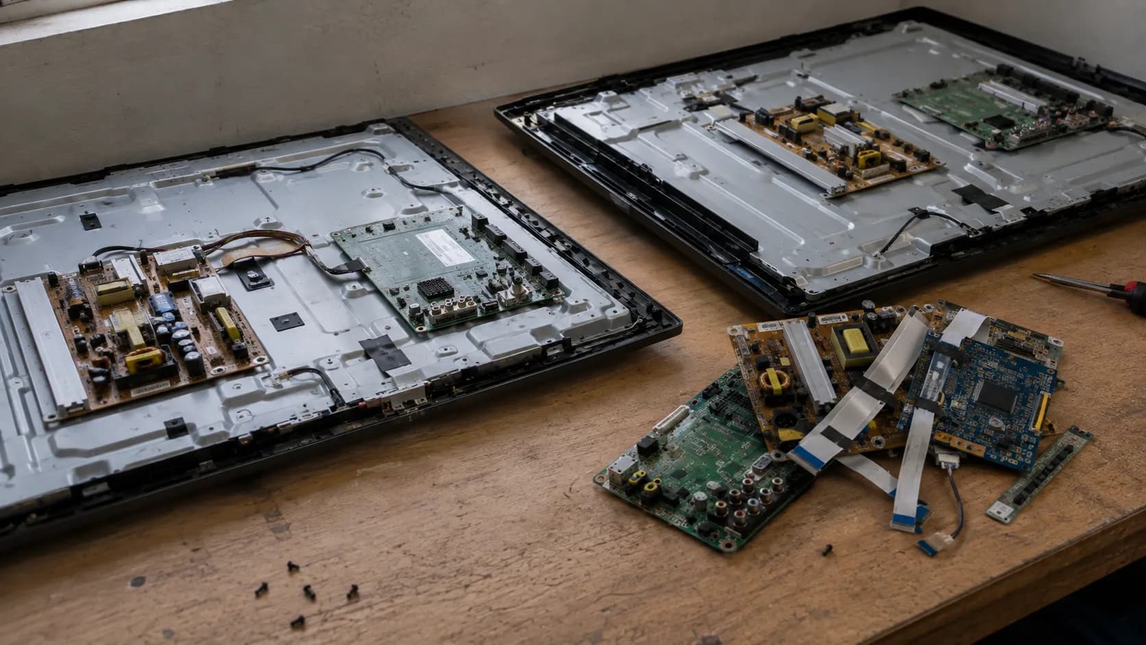Two parted-out TVs with a small pile of recovered boards showing low salvage value.
