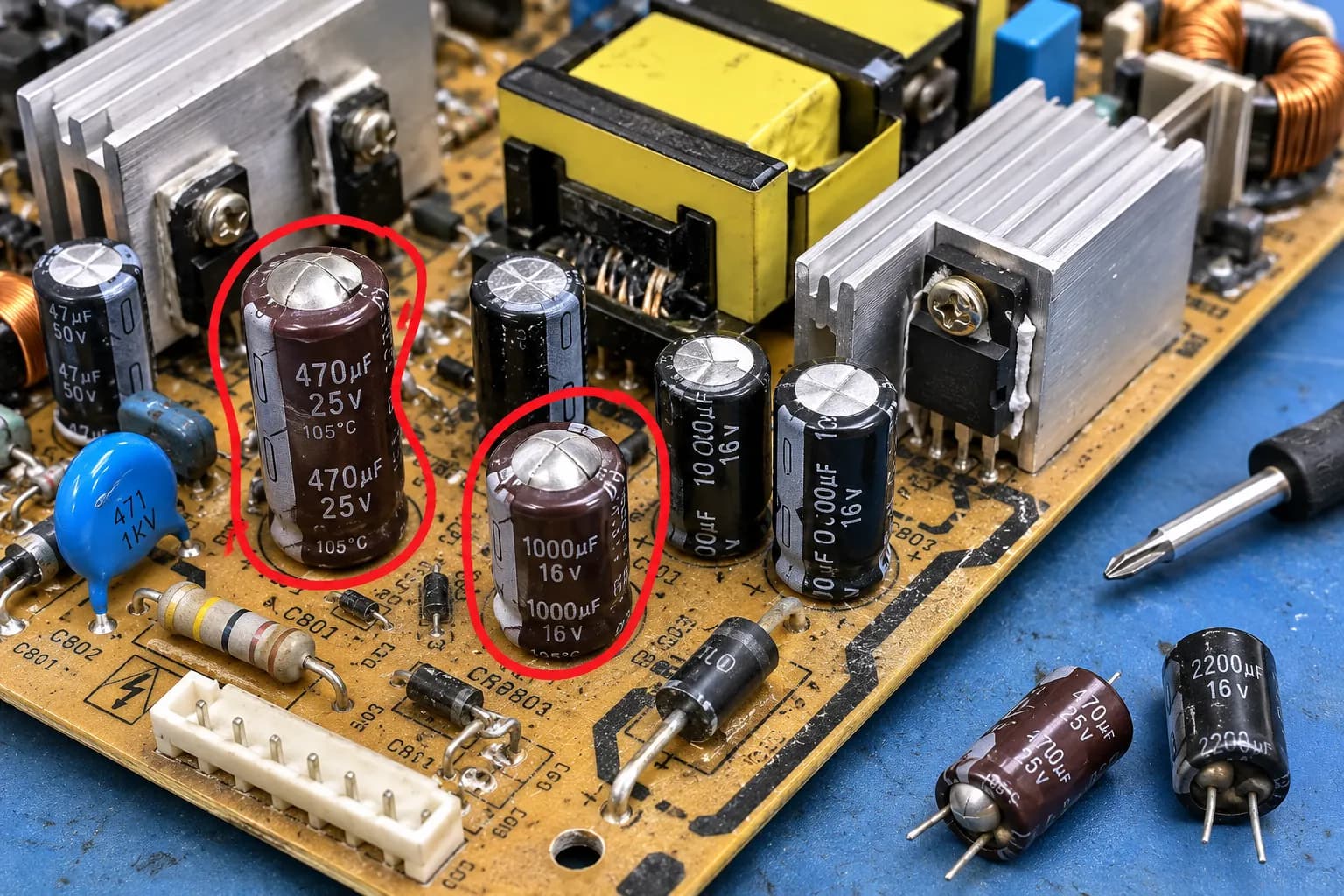 Close-up of bulging capacitors on a TV power supply board marked for replacement.