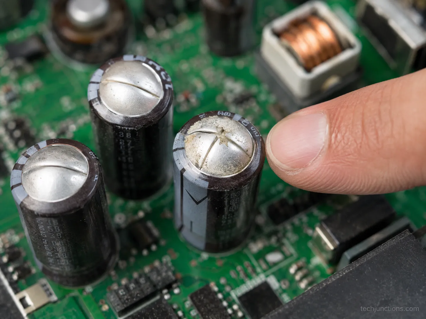 Bulging domed capacitors on a TV power-supply board, a common low-cost no-power fault.