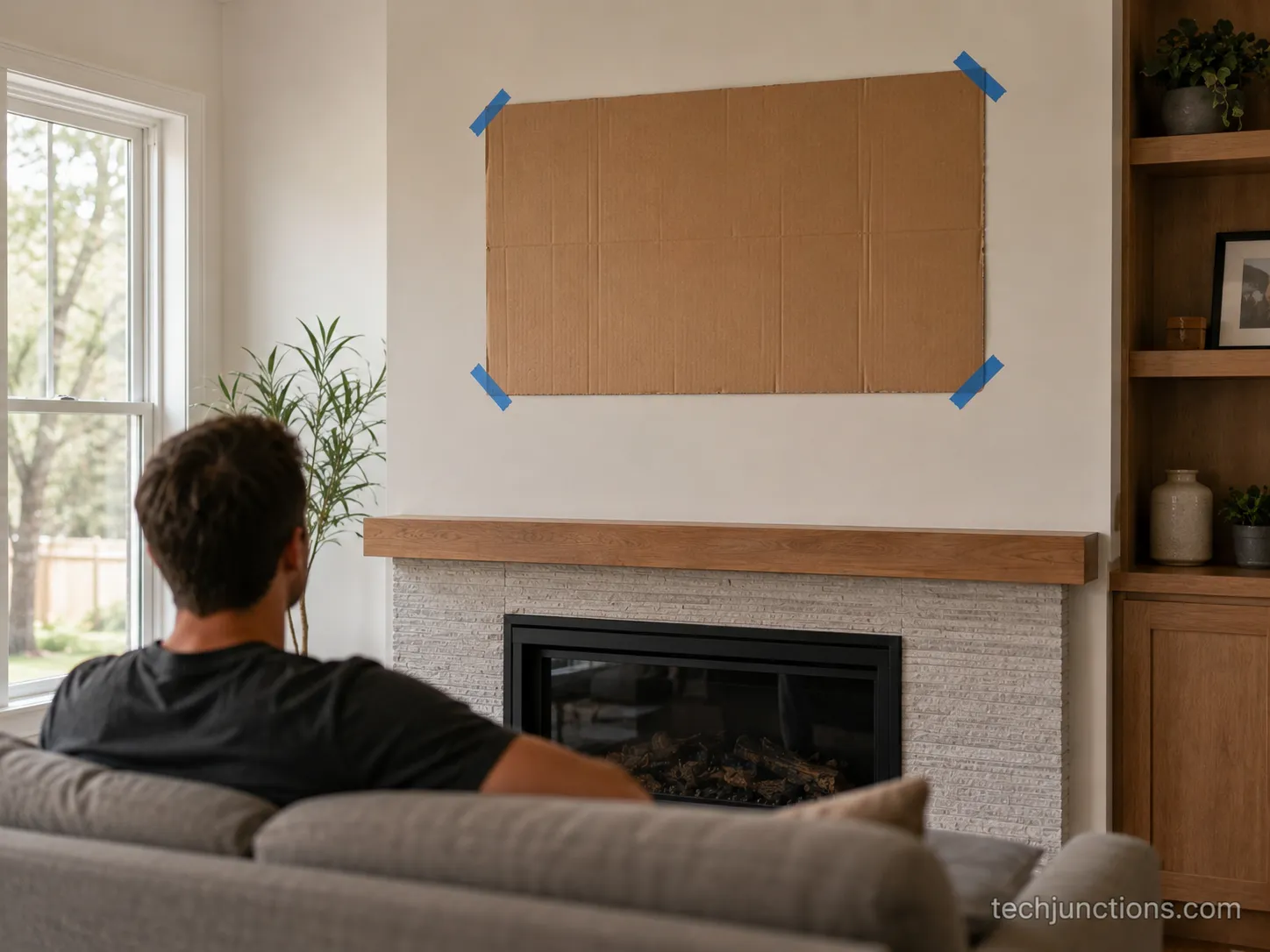 cardboard cutout test for TV height above a fireplace