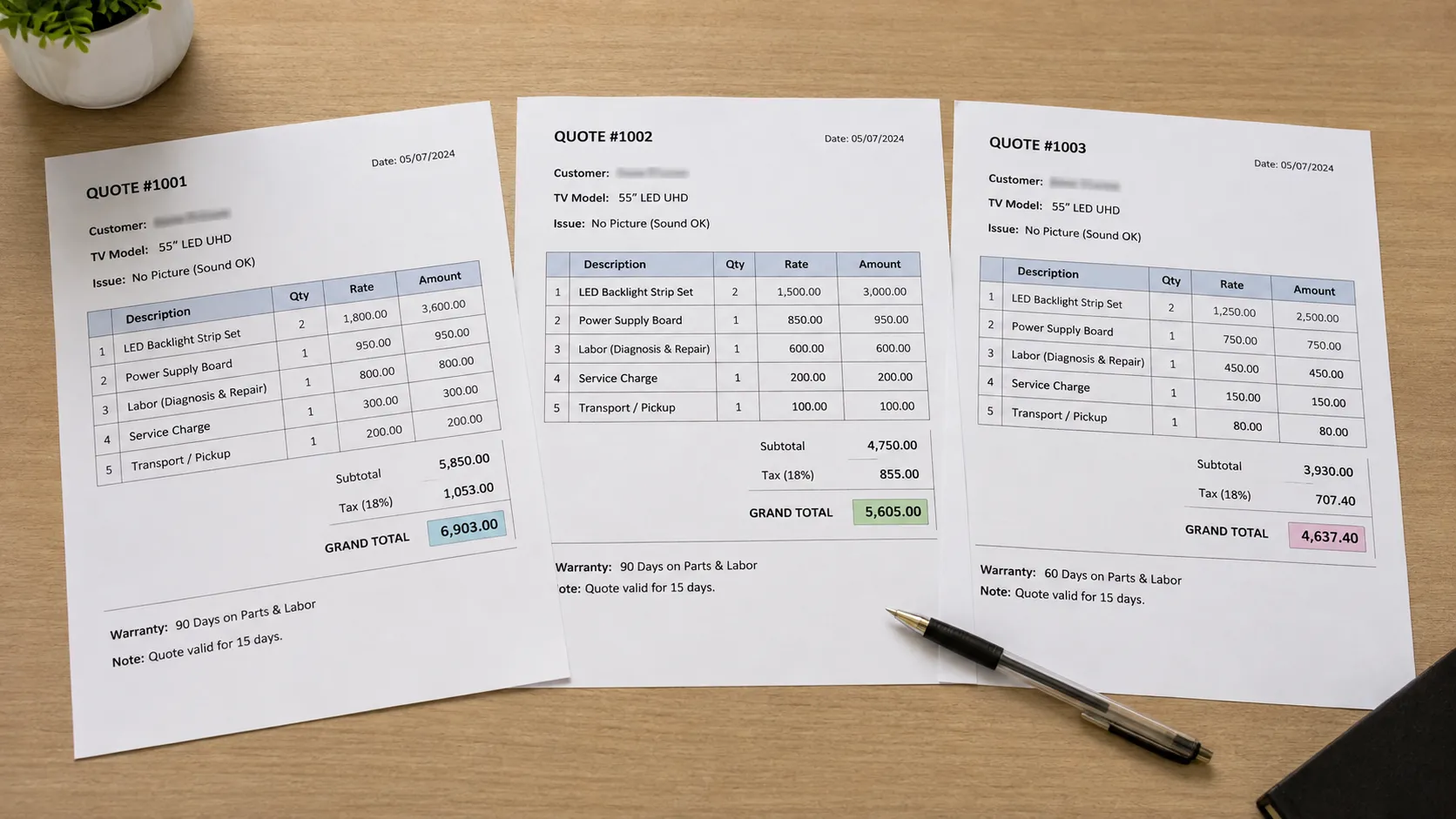 Three itemized TV repair quotes compared side by side on a desk.