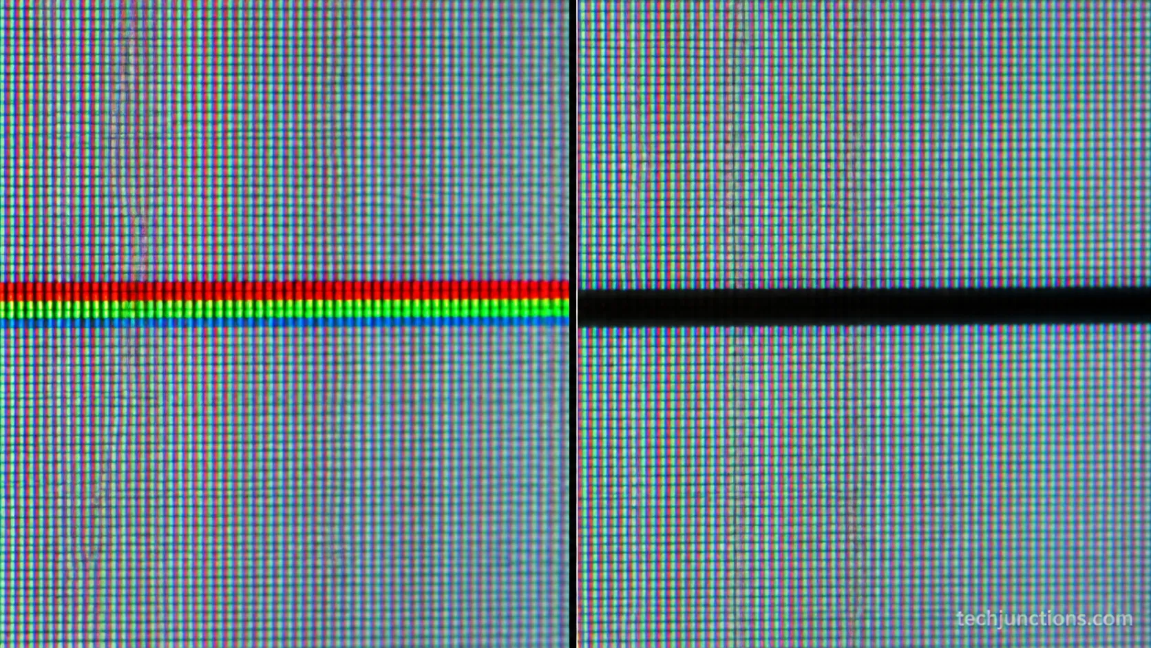 Close-up comparing a colored horizontal line and a black horizontal line on a TV panel