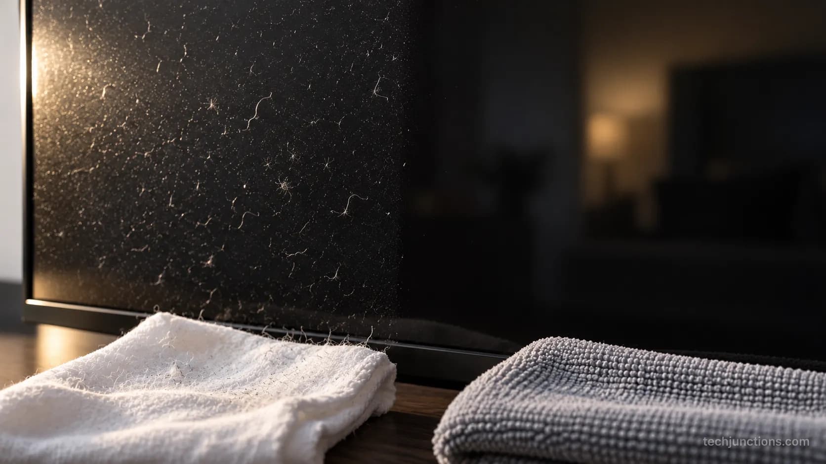 lint left on a TV screen by a cotton cloth compared to a clean microfiber pass
