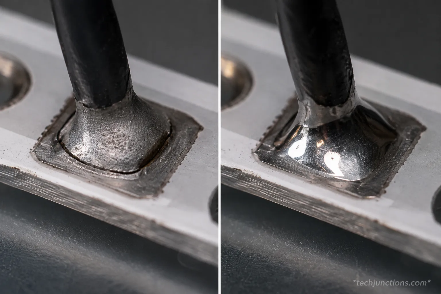 Cracked TV backlight strip solder joint before and after reflow.